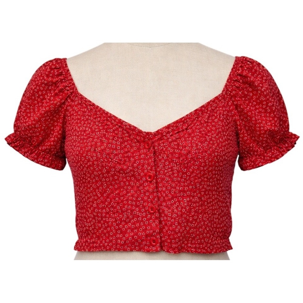 Princess Polly Laura Crop Top Red Floral‎ Puff Sleeve Button Front Womens 6
